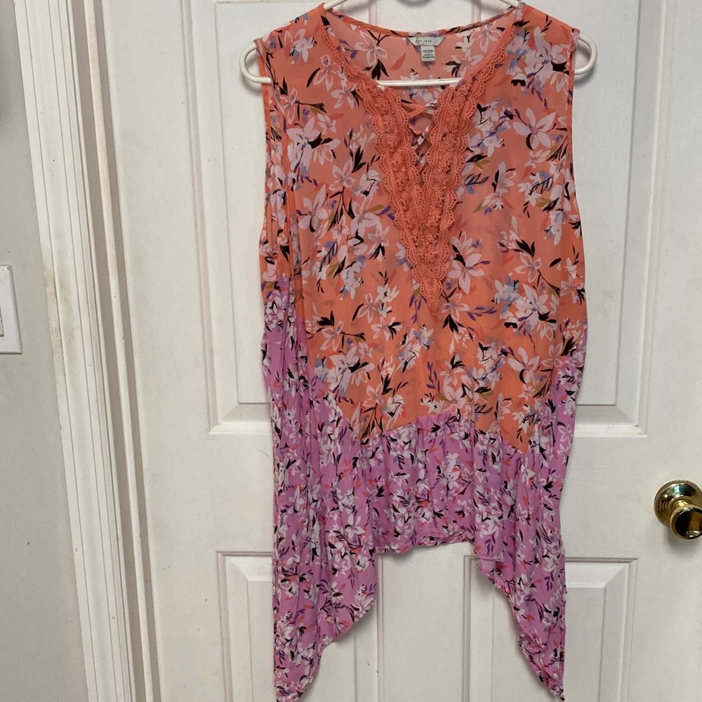 Floral Lace-Trim Blouse - Orange and Pink